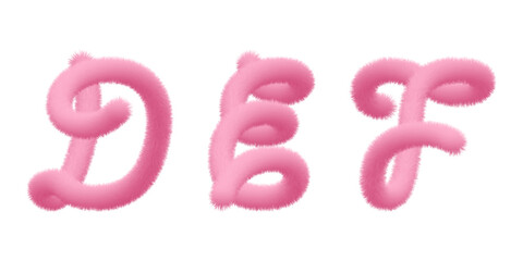 Fuzzy soft vector letters D, E, F. Capital font, hairy plush characters. Puffy texture, 3d light pink furry sign. Cat tail, animal alphabet. Fluffy font, voluminous text. Soft typography, pompon toy