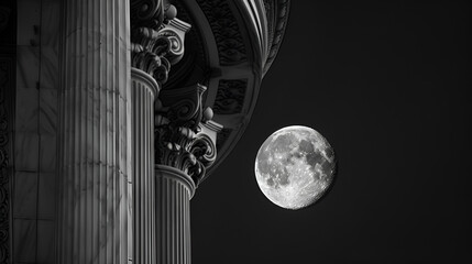 Close-up black and white image of a detailed classical column capital with a bright full moon visible behind it in the night sky, symbolizing wisdom, history, and architectural beauty.
