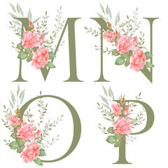 Obraz premium Hand painted watercolor floral alphabet - letters MNOP. The letters of the alphabet is olive colored and decorated with watercolor roses. Wedding, birthday, children's party, any creative ideas.