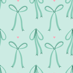 Simple seamless pattern with blue bows and pink hearts. Vector graphics