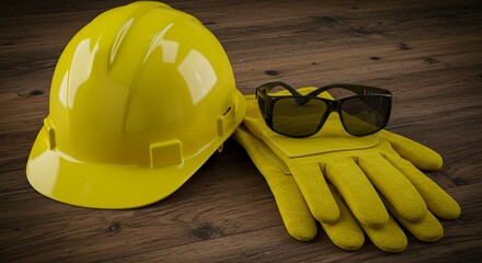 Work helmet, glasses and gloves on a wooden table