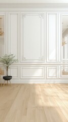 Fototapeta premium Elegant interior with ornate white wall paneling light wood floor and delicate floral arrangement in a bright and airy space capturing a serene and sophisticated atmosphere