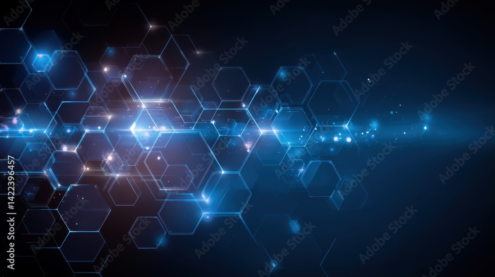 Poster futuristic network with glowing hexagons and light streaks representing data flow and connectivity i