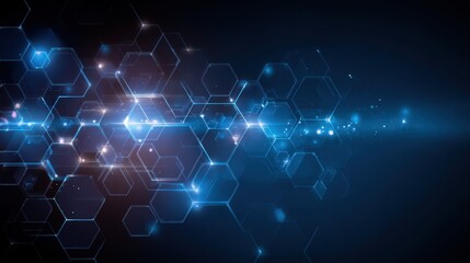 Futuristic network with glowing hexagons and light streaks representing data flow and connectivity in a modern technology abstract background
