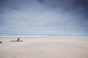 Person sitting alone on beach 
