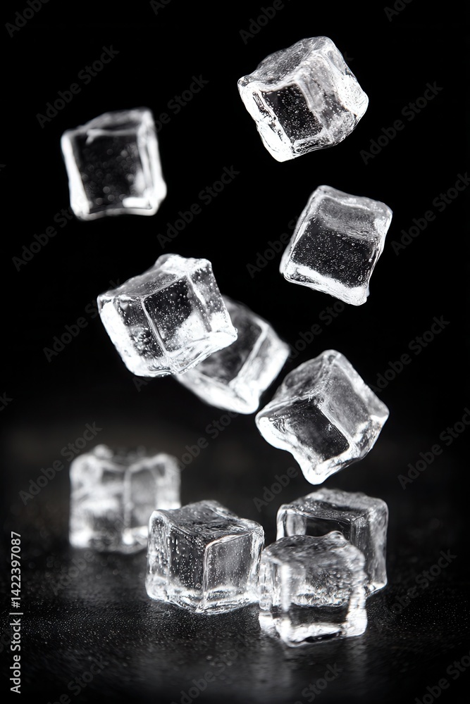 Poster refreshing ice cubes falling on dark surface creating a cool and clean visual mood perfect for summe