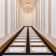 Obraz premium Elegant corridor with golden accents, decorative lighting, and tiled floor creates a sophisticated and luxurious architectural interior space.