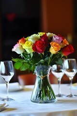 Fototapeta premium Vibrant Rainbow Roses Bouquet in Glass Vase on Table