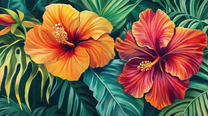 Vibrant hibiscus flowers among lush tropical foliage.