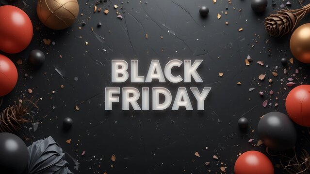 Bold White Black Friday Text on a Dark Textured Background Surrounded by Elegant Red, Black, and Gold Decorative Ornaments and Subtle Glitter Accents