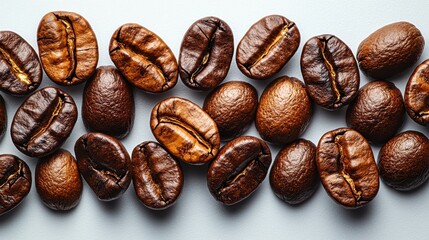 Close-up of assorted roasted coffee beans arranged on a light background
