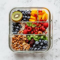 Glass container filled with a variety of fruits and nuts