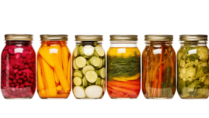 A row of six glass jars filled with various pickled vegetables against a transparent background display shot png