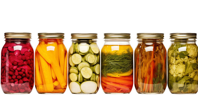 A row of six glass jars filled with various pickled vegetables against a transparent background display shot png - Powered by Adobe