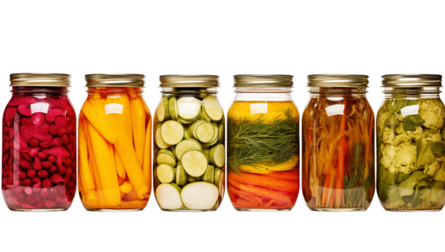 A row of six glass jars filled with various pickled vegetables against a transparent background display shot png