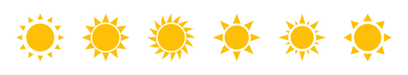 Set of six yellow sun icons in flat vector style, each with unique ray designs. Ideal for weather apps, UI elements, summer themes, and infographics. Isolated on white background.