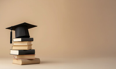 Graduation hat on books over soft beige background. Learning and education success concept.
