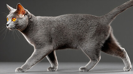 Sleek Gray Cat with Striking Orange Eyes Walking