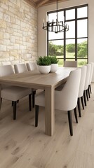 Fototapeta premium Elegant Dining Room with Stone Wall, Chandelier, and Outdoor View: Interior Design and Modern Furniture.