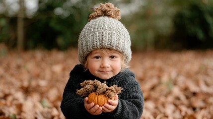 Adorable Toddler in Knit Hat Holding Pumpkin in Autumn Forest
