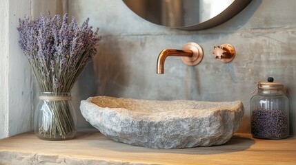 A rustic bathroom scene featuring a hand-carved stone vessel sink, copper wall-mounted faucet, and fresh lavender decor on a wooden vanity with natural concrete walls