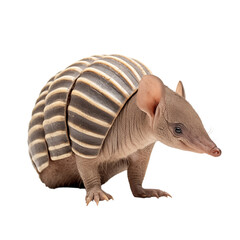 A close up of a pink fairy armadillo with stripes on its shell standing on a transparent background png