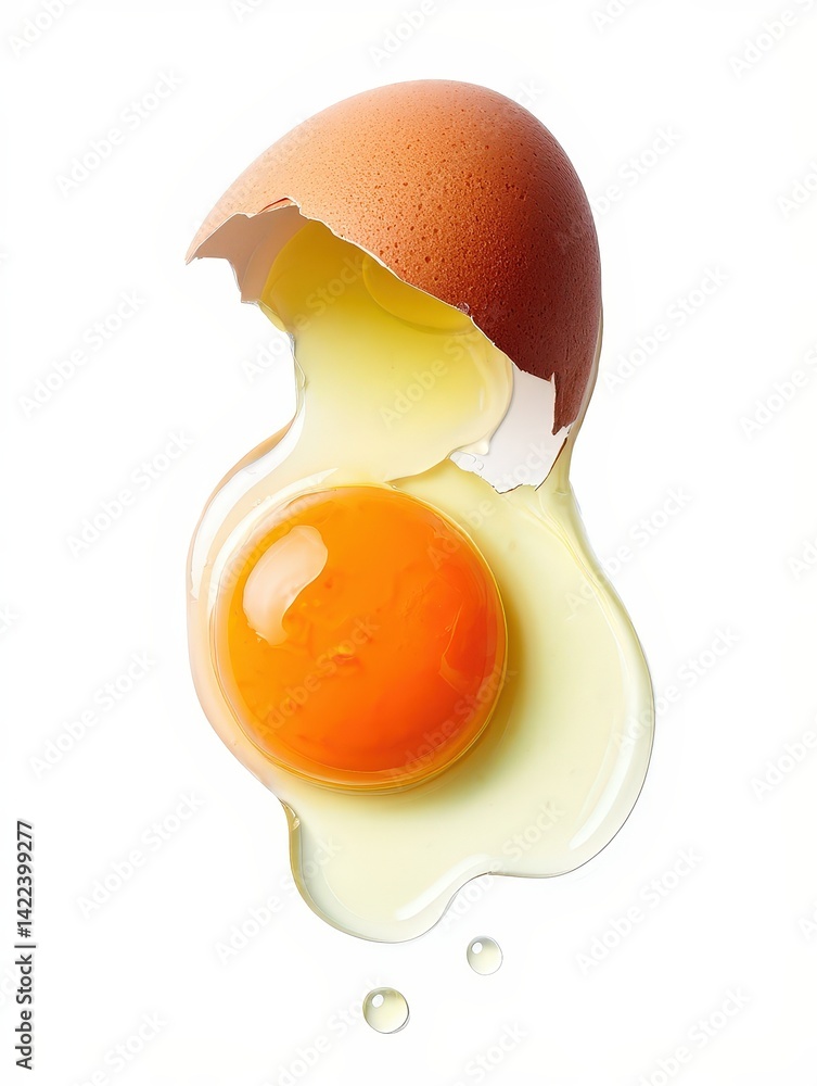 Poster egg yolk dripping from open shell onto white surface.