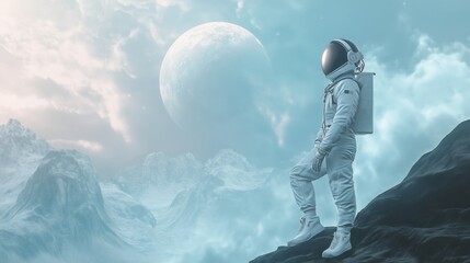 An astronaut gazes at a majestic Earth, surrounded by cosmic beauty, with planets