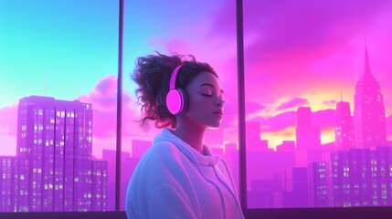 Young woman with headphones listening music against the backdrop of pink clouds and cityscapes