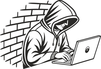 A Hooded Man Using Laptop in a Focused and Mysterious Mood