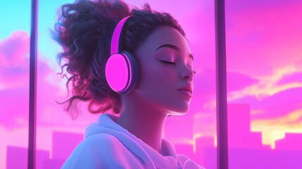Young woman with headphones listening music against the backdrop of pink clouds and cityscapes