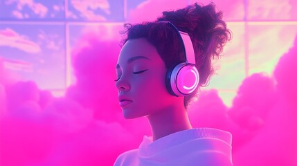 Young woman with headphones listening music against the backdrop of pink clouds and cityscapes