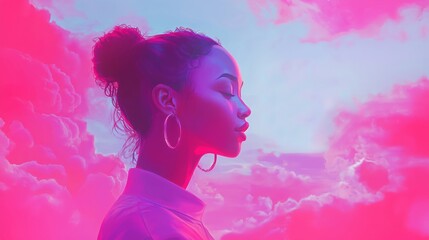 Neon glow, young woman enjoying music with stylish headphones in dreamy pink lighting