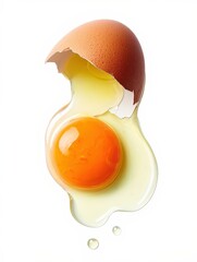 egg yolk dripping from open shell onto white surface.