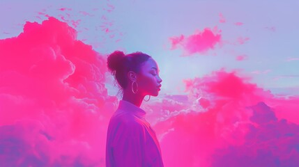 Young woman with headphones listening music against the backdrop of pink clouds
