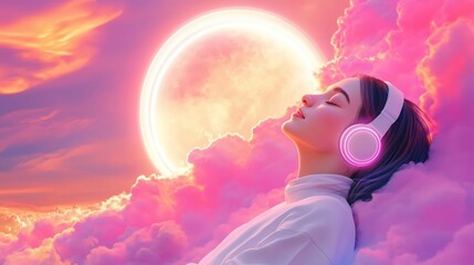 Young woman with headphones listening music on cloud
