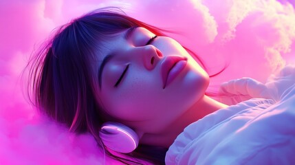 Young woman with headphones listening music on cloud