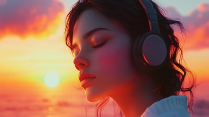 Young woman with headphones listening music against the backdrop of the sea and sunset