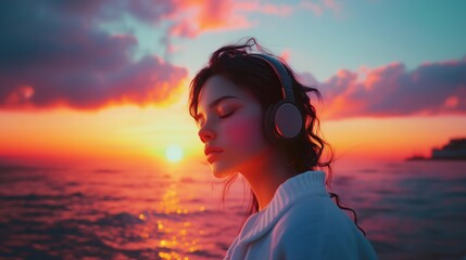 Young woman with headphones listening music against the backdrop of the sea and sunset