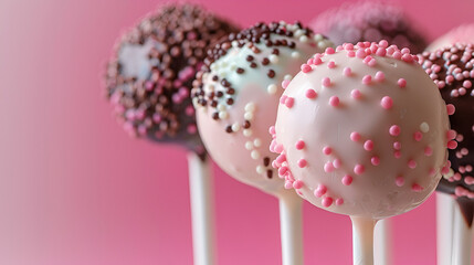 Delicious chocolate and pink frosted cake pops decorated with colorful sprinkles on sticks, close-up against a vibrant pink background, perfect sweet treats for parties and celebrations.
