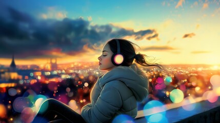 Young woman with headphones listening music, enjoying sunset cityscape