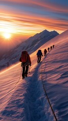 Climbers Ascending Snowy Mountain at Sunset