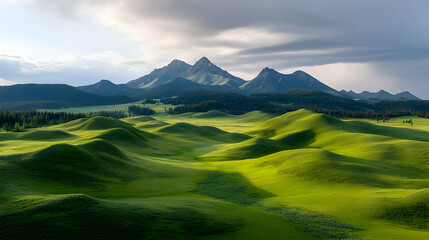 Fototapeta premium Tranquil Golden Meadow And Mountain Range Under Cloudy Sky