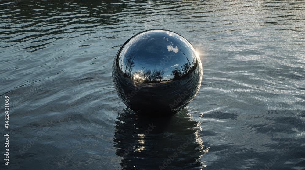 Poster reflective sphere floating on rippling water surface at sunset capturing sky trees and sunlight crea