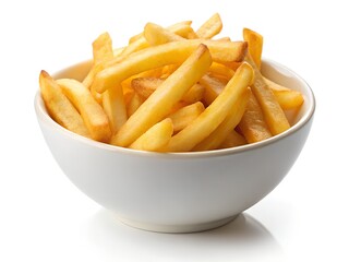 Golden french fries in white bowl on white background delicious meal