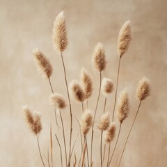 Fototapeta premium Serene composition of fluffy bunny tail grass against a soft beige backdrop evoking a sense of calm and natural beauty in a minimalist style
