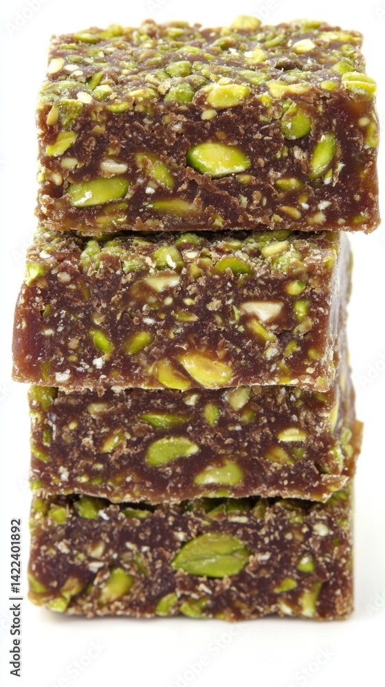 Poster delicious stack of homemade date squares with pistachios on white background showcasing textures and