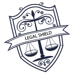 Ornate Legal Shield Design With Scales Of Justice On A Banner Logo