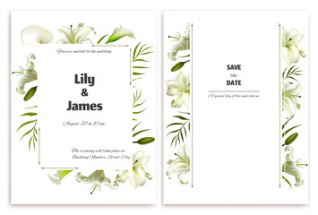 Flowers. Wedding invitation. Wreath of tropical flowers. Calla. White lilies. Green leaves. Floral background. Postcard.