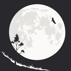 Minimalist Illustration Of A Full Moon With Bird Tree And Grassy Slope